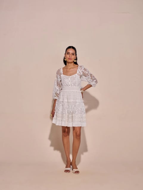 White Lace Tiered Mini Dress with Square Neck