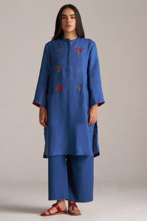 Galaxy Blue Linen Kurta and Wide-Leg Pant Co-ord Set