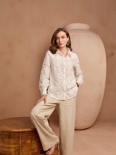 White Floral Lace Button-Down Shirt