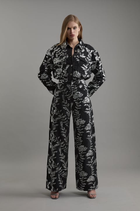 Denim All Over Floral Sequin Wide Leg Trousers