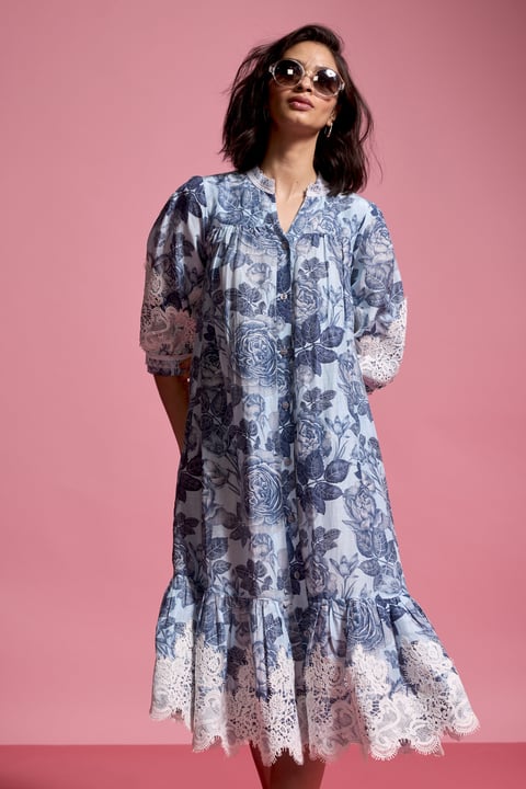 Blue Multi Floral Button-Down Tiered Midi Dress