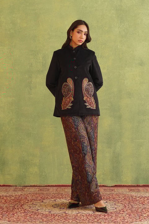 Black Corduroy Patchwork Top With Paisley Woven Pant