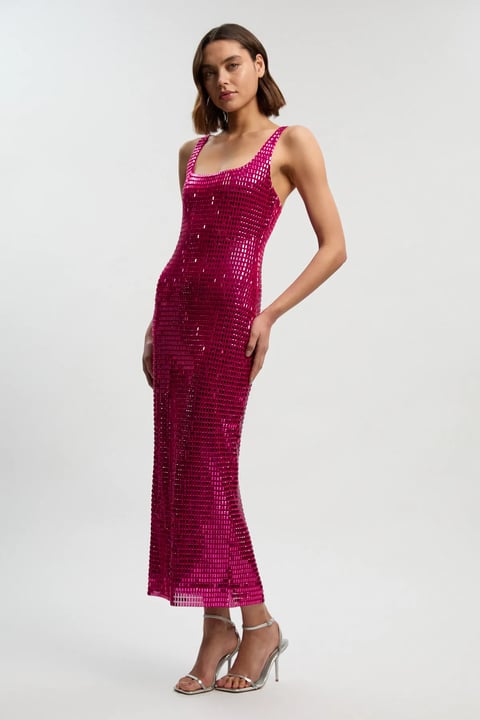 Hot Pink Embellished Mesh Bodycon Midi Dress