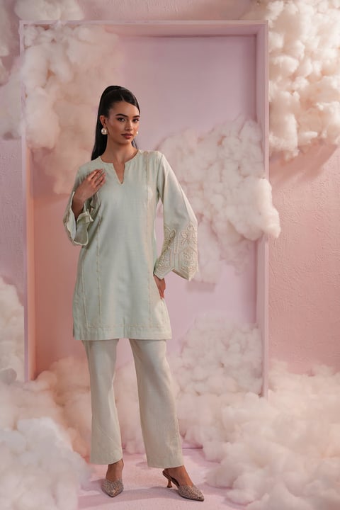 Mint Green Pearl Embroidered Kurta Pant Co-ord Set
