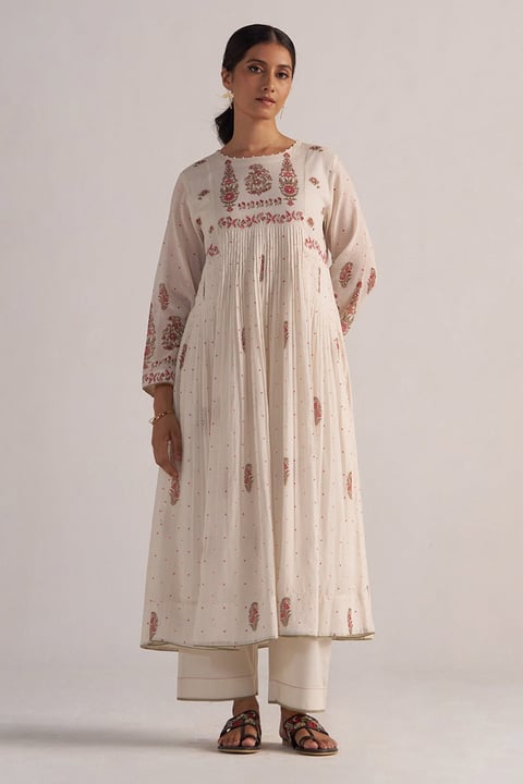 Antique White Printed A-Line Kurta and Pants Co-ord Set