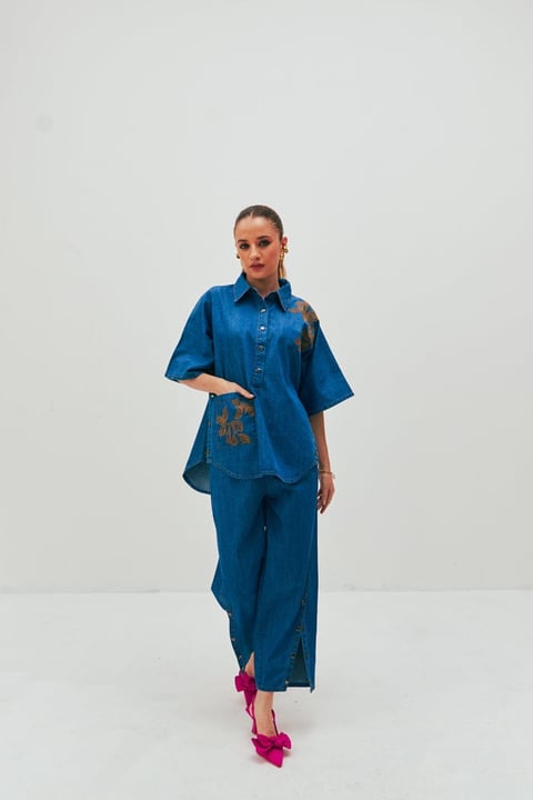 Blue Denim Embroidered Shirt and Pants Co-ord Set