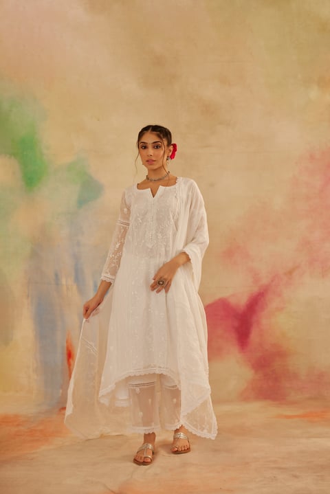 Ivory White Organza Embroidered A-Line Suit Set