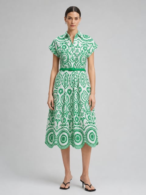 White and Green English Embroidery Midi Shirt Dress