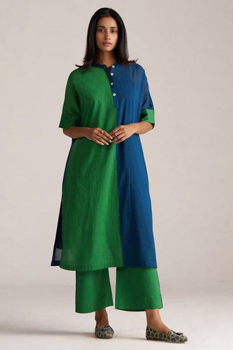 Blue and Green Colorblocked Kurta Co-ord Set with Slip
