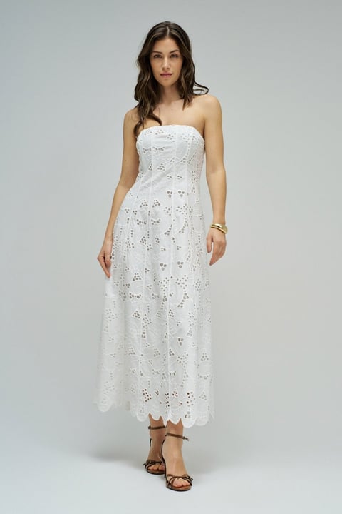 White English Embroidery Strapless Midi Dress