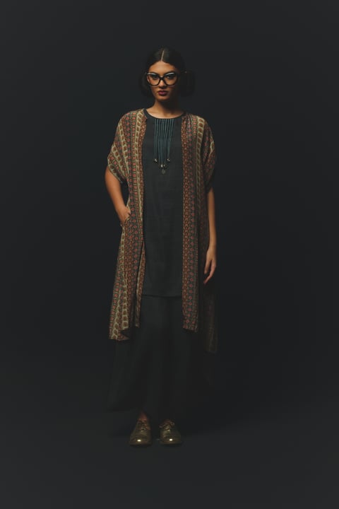 Grey 3-Piece Kurta Set with Printed Long Jacket Layer