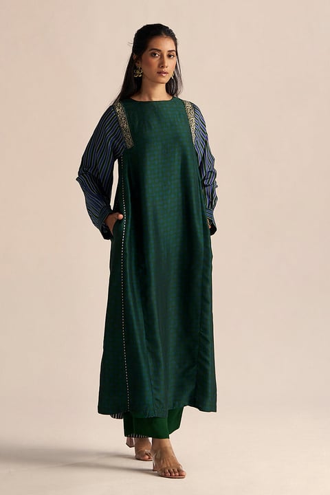 Dark Green and True Blue Silk Co-ord Set
