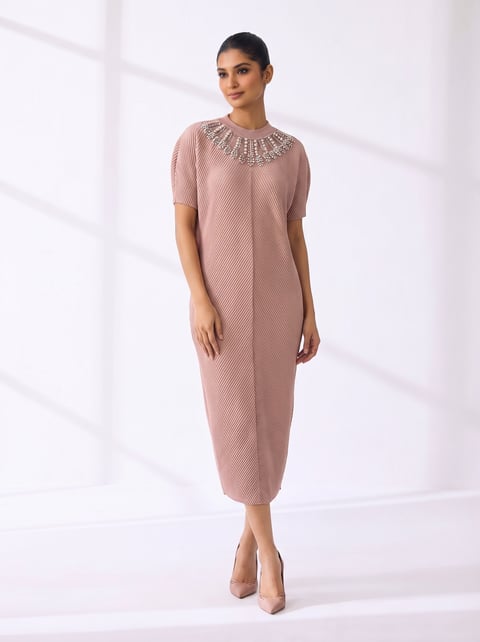 Nude Embellished Neckline Pleated Midi Dress