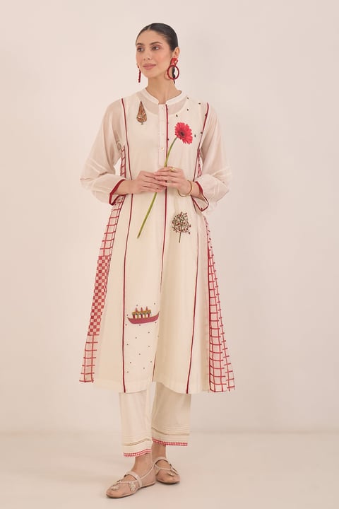 Firdaus Side Check Kali Embroidered Kurta Set