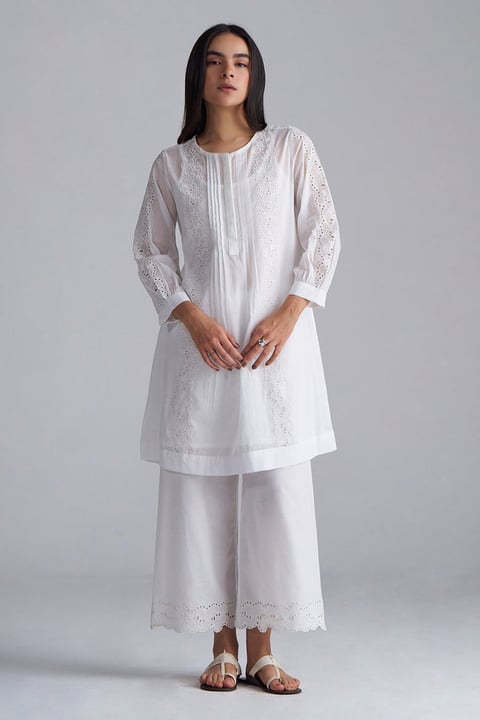 White Chikankari Embroidered Co-ord Set with Wide-Leg Pants
