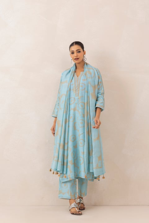 Blue Beige Abstract Printed Chanderi Kurta Set with Dupatta