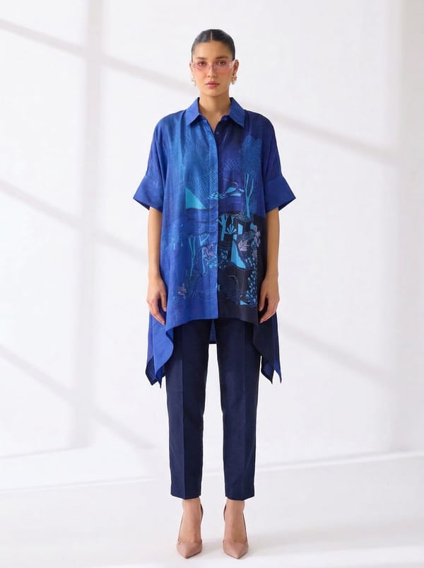 Blue Dupion Silk Shirt-Style Printed Kurta Set — CLOS