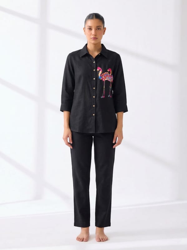 Black Linen Button-Down Shirt with Flamingo Embroidery — Linen Bloom