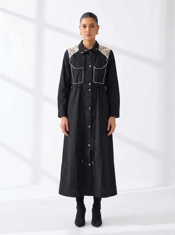Black Longline Trench Coat with Drawstring Waist — Our Love