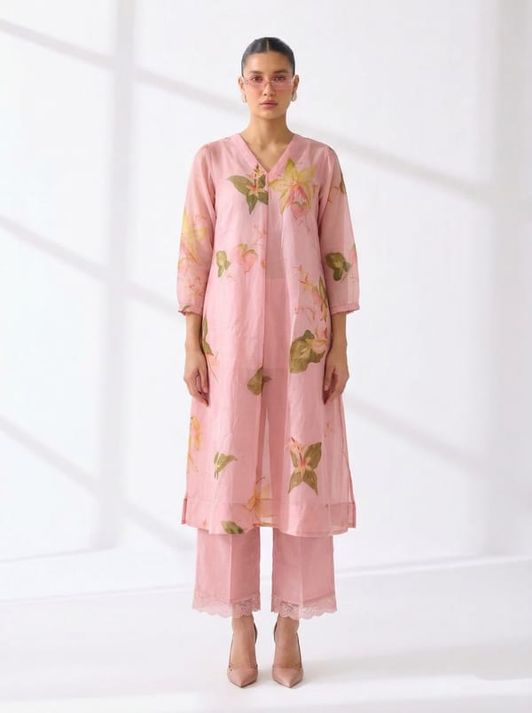 Pink Floral Kota Co-ord Set with Pants and Slip — Ganga Fashions Pvt Ltd