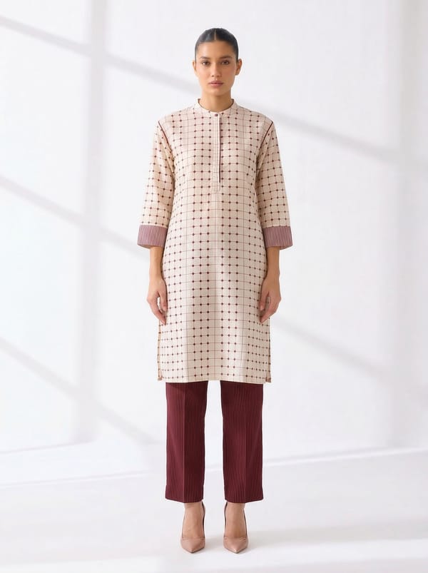 Cream and Maroon Geometric Print Kurta Co-ord Set — Ganga Fashions Pvt Ltd