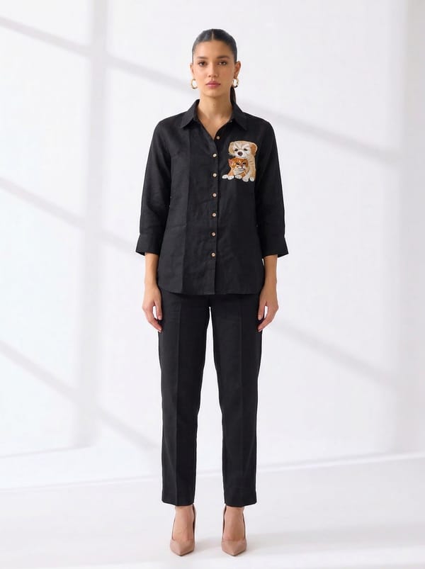Black Linen Relaxed-Fit Shirt With Embroidered Motif — Linen Bloom