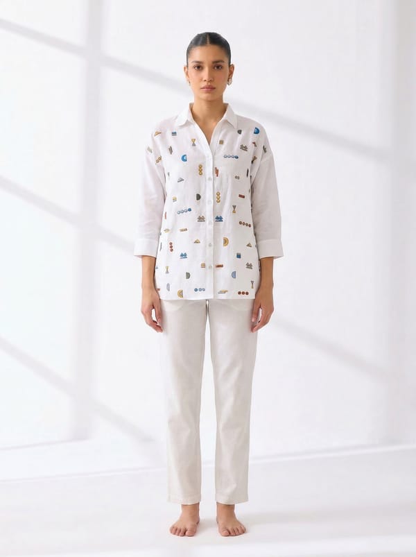 White Printed Linen Button-Down Shirt — Linen Bloom