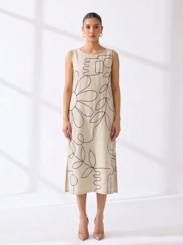 Beige Linen Abstract Print Sleeveless Midi Shift Dress — Linen Bloom