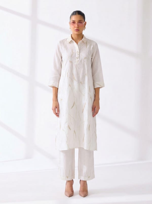 White Linen Straight Shirt Dress with Linear Print — Linen Bloom