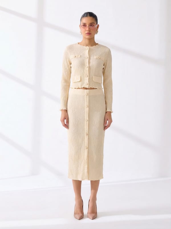 Ivory Textured Knit Co-ord Set with Crop Top and Midi Skirt — Pleats by Aruni