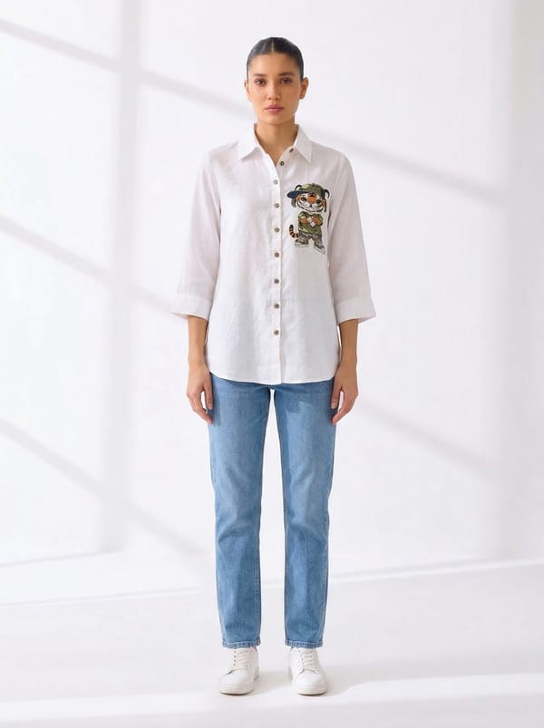 White Linen Relaxed-Fit Shirt with Chest Embroidery — Linen Bloom