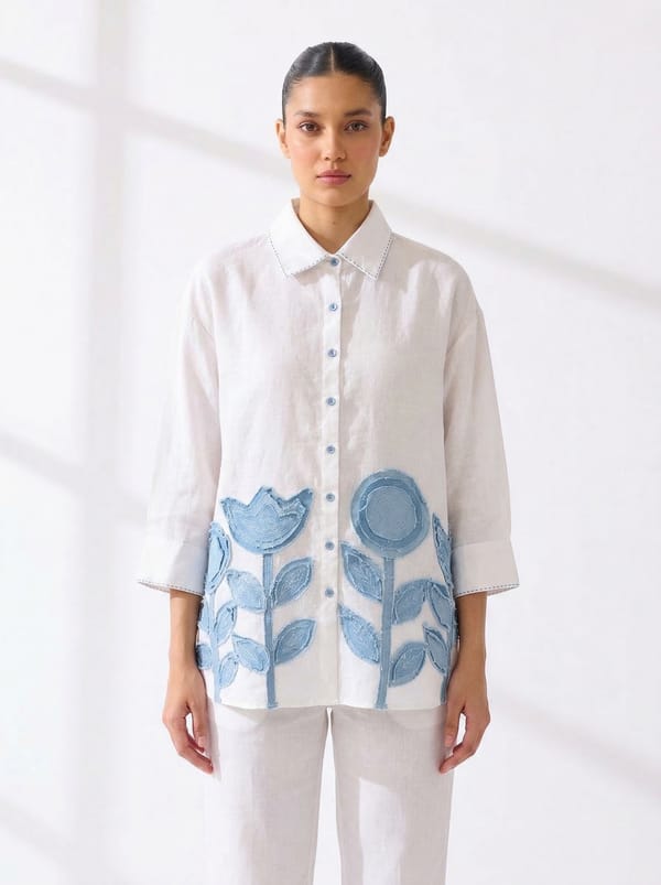 White Linen Shirt with Blue Floral Applique — Linen Bloom