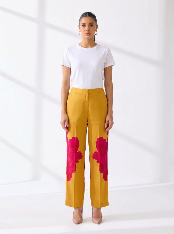 Dandelion Yellow Straight-Leg Floral Embroidered Trousers — Moh India