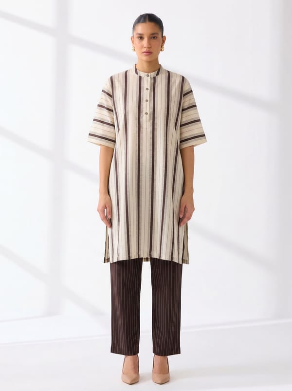 Cream and Brown Striped Kurta and Pant Co-ord Set — Ganga Fashions Pvt Ltd