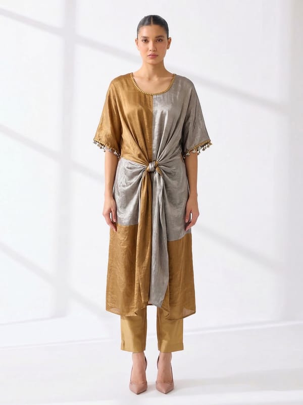 Gold/Silver Colorblocked Modal Satin Kaftan — 5 Elements