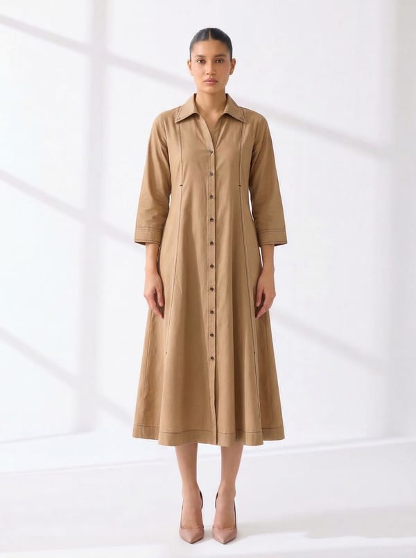 Beige Cotton Muslin Midi Shirt Dress — Basanti Kapde aur Koffee