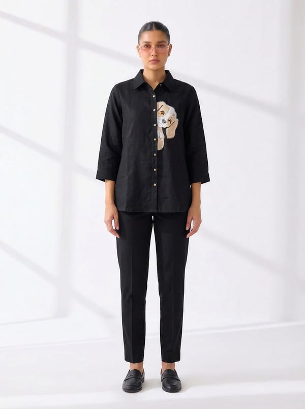 Black Linen Shirt with Chest Embroidery — Linen Bloom