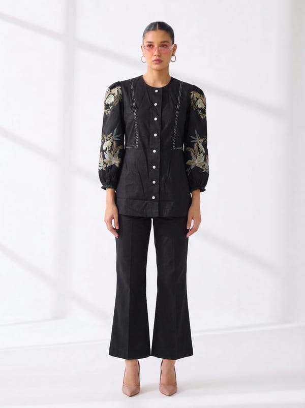 Black Embroidered Shirt and Flared Pants Co-ord Set — Our Love