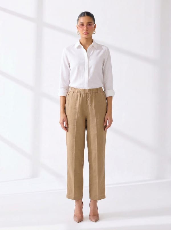 Khaki Linen Relaxed Straight-Leg High-Rise Trousers — Linen Bloom