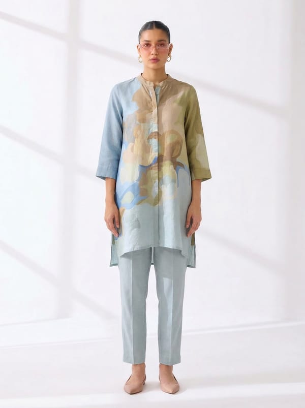 Sky Blue Korean Linen Abstract Print Kurta Set with Pants — CLOS