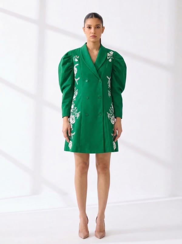 Emerald Embroidered Blazer Mini Dress with Puff Sleeves — Our Love