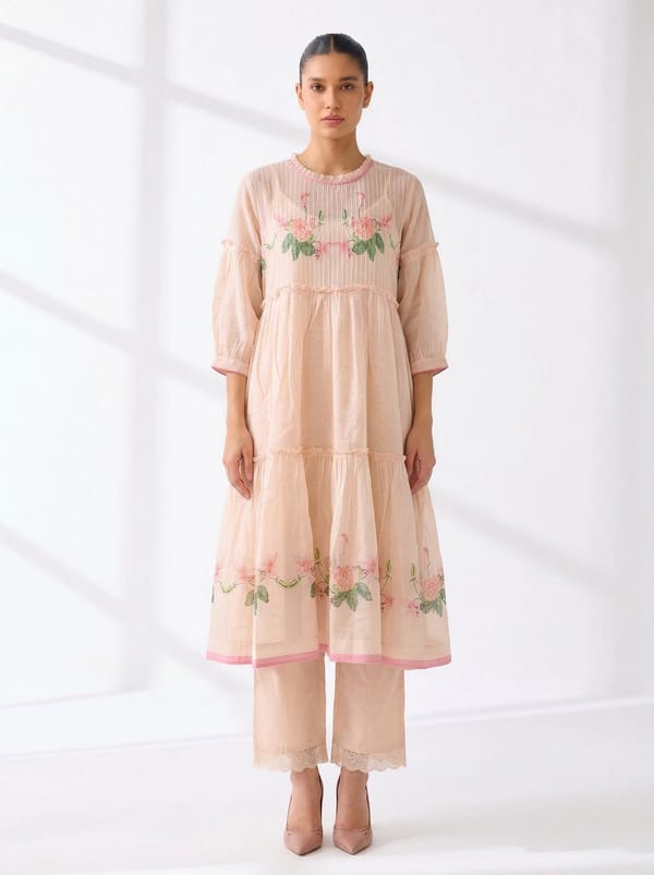 Peach Dust Kota Check Printed Co-ord Set with Slip — Ganga Fashions Pvt Ltd