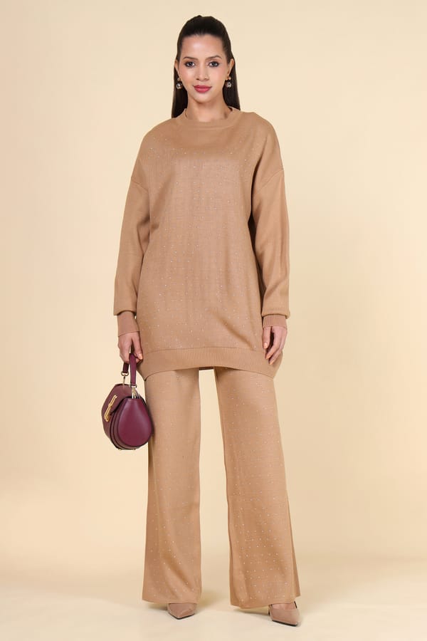 Brown Studded Knit Top and Wide-Leg Pants Co-ord Set — CHIP PEPPER