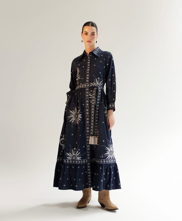 Black Cotton Satin Maxi Shirt Dress with Silver Lurex Embroidery — SHOP NOIB
