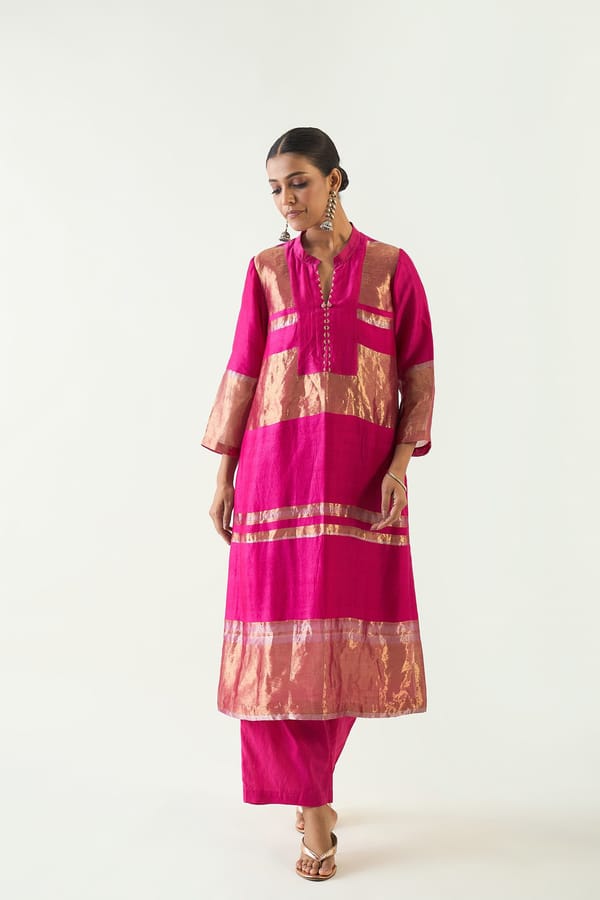 Mira: Silk stripe kurta set - Hot Pink — SHIVANI BHARGAVA