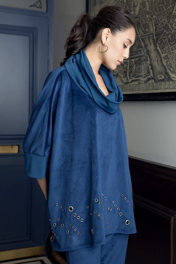 English Blue Velvet Cowl Neck Co-ord Set — Rhe-Ana