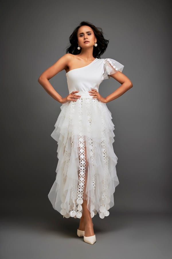 One-shoulder Asymmetrical Co-ord With Tiered Tulle Skirt — Deepika Arora