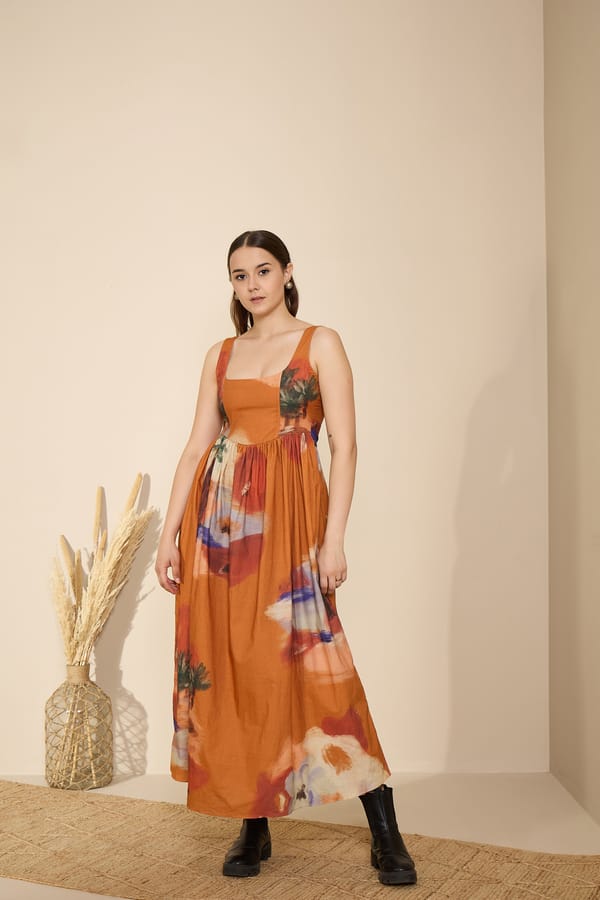 Rust Abstract Printed Fit and Flare Maxi Dress — GAIMA LABEL