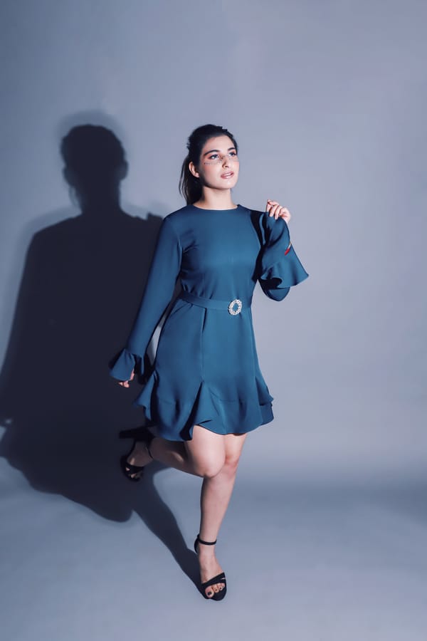 Teal Fit and Flare Mini Dress with Ruffle Hem — Darling Girl