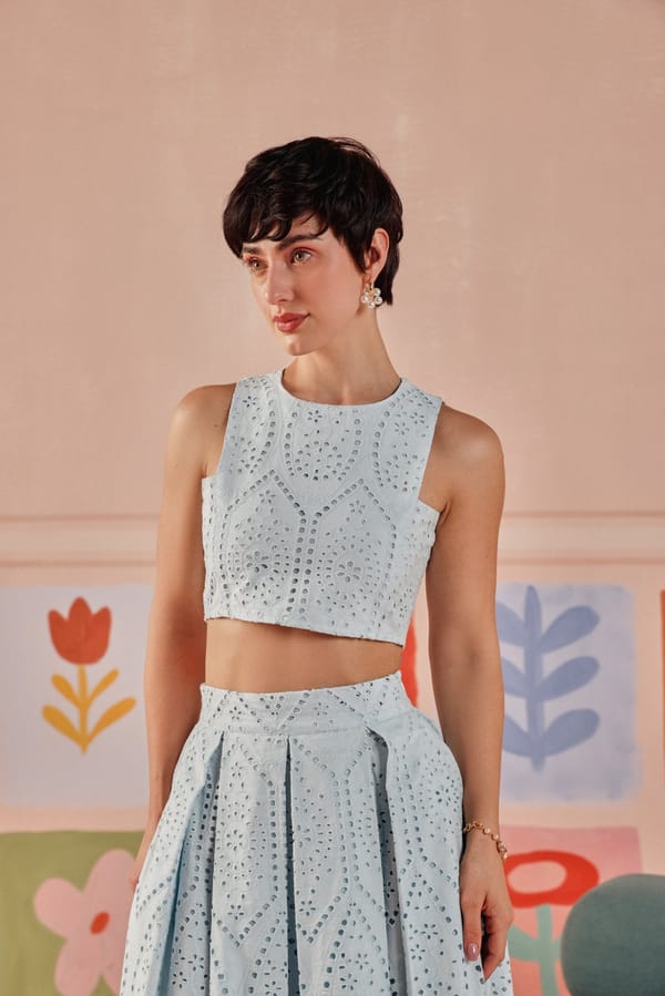 Pastel Blue Eyelet Cotton Cropped Sleeveless Top — Sage by Mala